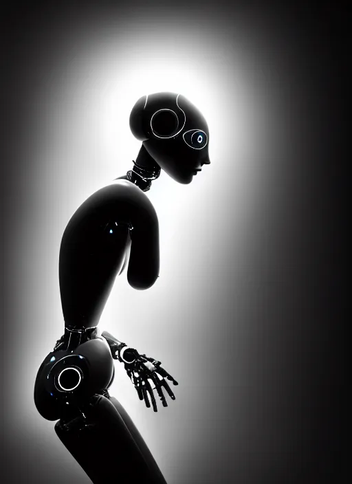 Prompt: surreal mythical dreamy dark artistic black and white fine art fashion portrait photo of a young beautiful delicate female metropolis robot giving birth, spiritual, halo, glory, rim light, cinematic, studio dramatic light, poetic, masterpiece, octane render, 8 k, photo - realistic by dora maar man ray