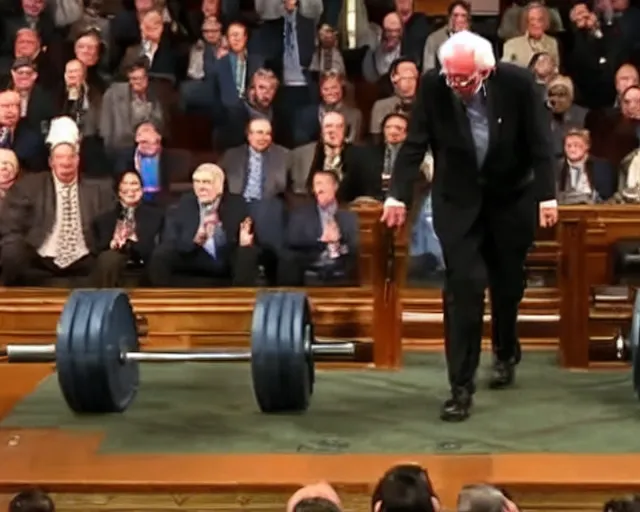 Prompt: bernie sanders deadlifts 200lb barbells in senate chambers