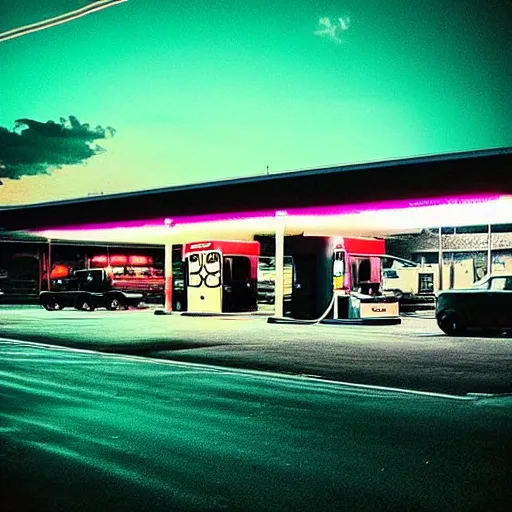 Image similar to “gas station photography,night, neon, various subjects, cinestill 800t, in the style of William eggleston”