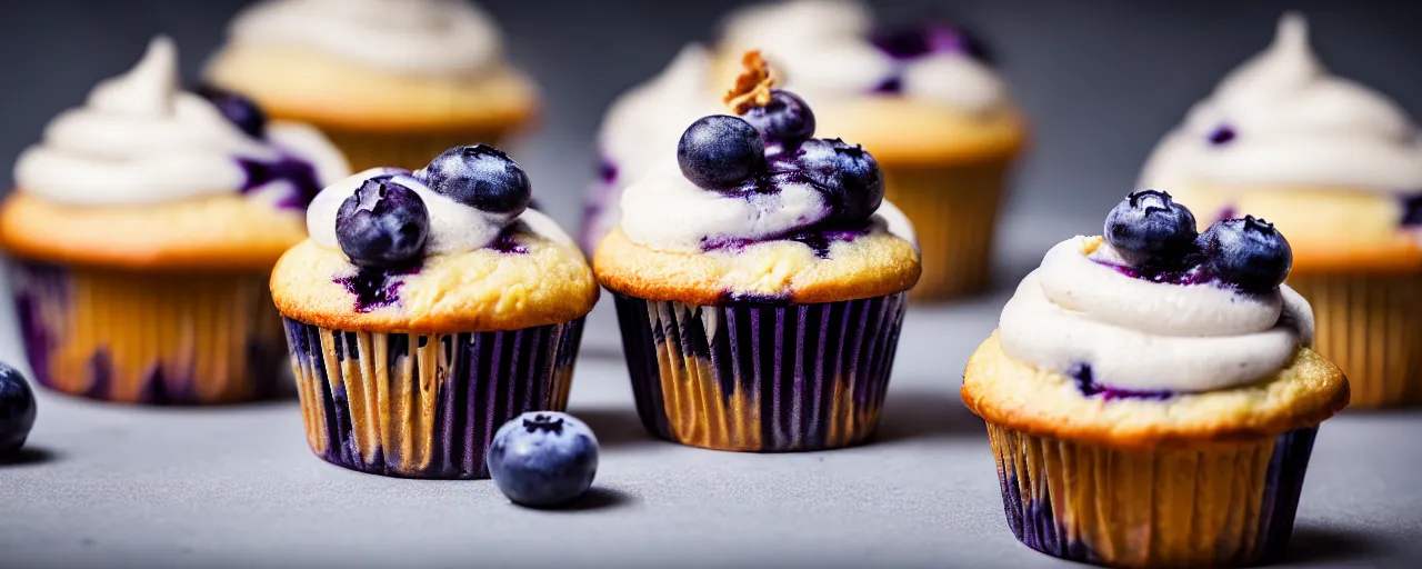 Prompt: 3 juicy blueberry cupcakes from a fast food restaurant smoking a cigarette, depth of field, food photography, isometric, tasty, mcdonalds, wide shot, studio, bokeh, gmaster, cooking, food, kodak, sony, canon
