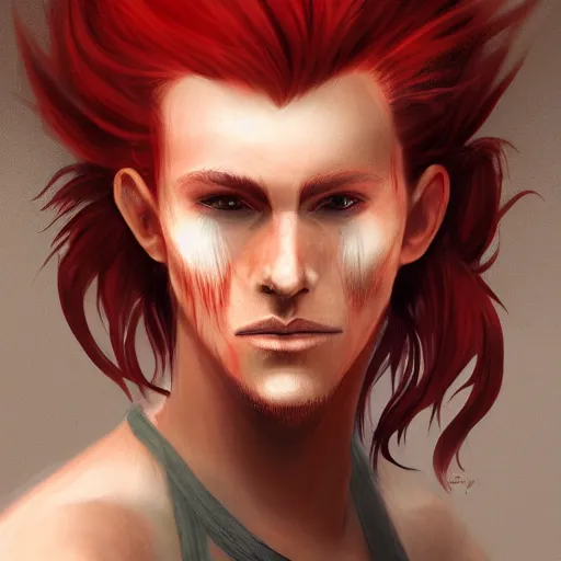 Image similar to portrait, 30 years old man :: fantasy :: red hair ponytail :: left burn scars :: high detail, digital art, RPG, concept art, illustration, Deviantart