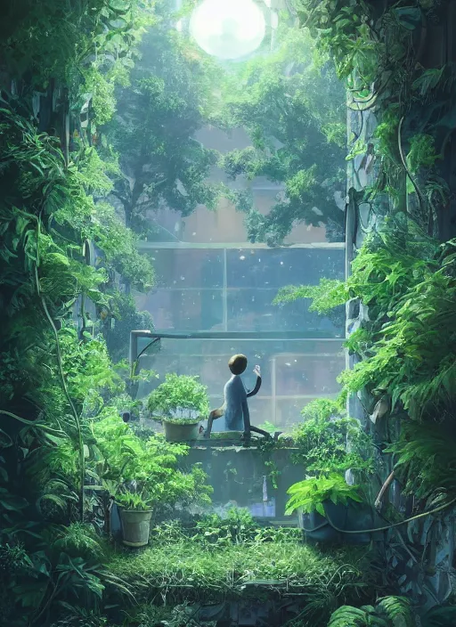 Image similar to lunarpunk portrait of a man looking out from his bedroom window to forest, city pop, au naturel, hyper detailed, digital art, trending in artstation, behance, deviantart, cinematic lighting, studio quality, smooth render, unreal engine 5 rendered, octane rendered, art style by pixar dreamworks warner bros disney riot games and ghibli studios