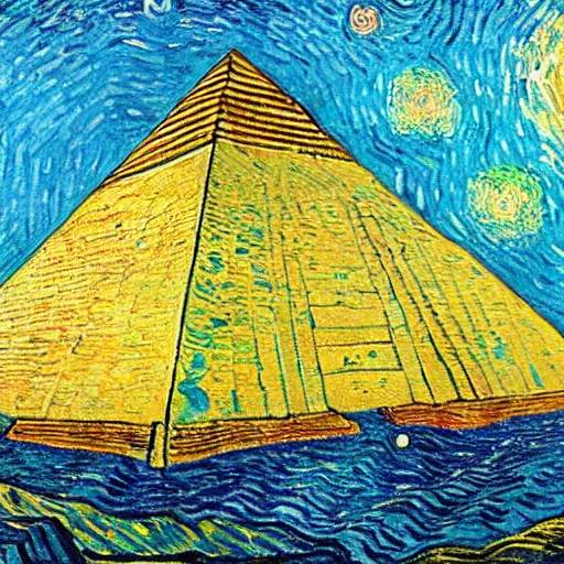 Image similar to pyramids in the middle of the ocean with planet people van gogh
