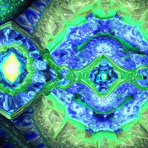 Image similar to prismatic stellar indigo arcane shoggoth gem with emerald marbling rendered in octane and mandelbulb 3 d