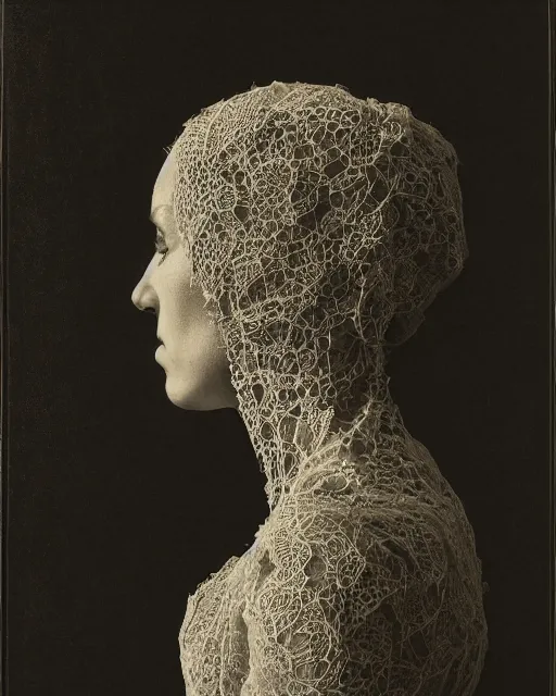 Image similar to a woman's face in profile, made of intricate decorative lace leaf skeleton, in the style of the dutch masters and gregory crewdson, dark and moody