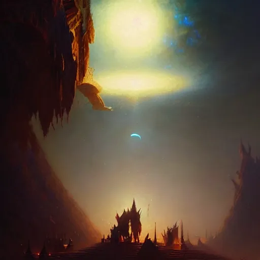 Image similar to giant crescent under construction in a magic fluffy persian carpet dimension, by greg rutkowski and gaston bussiere, dim lighting, beautiful volumetric - lighting - style atmosphere, surreal atmosphere, intricate, detailed, photorealistic imagery, trending artstation