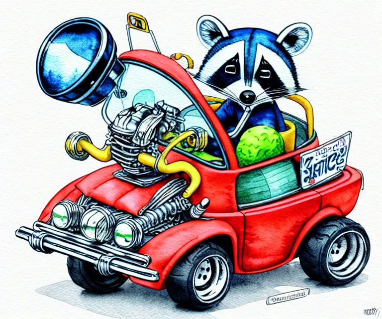 Prompt: cute and funny, racoon wearing a helmet riding in a tiny hot rod with oversized engine, ratfink style by ed roth, centered award winning watercolor pen illustration, isometric illustration by chihiro iwasaki, edited by range murata, tiny details by artgerm and watercolor girl, symmetrically isometrically centered and in focus