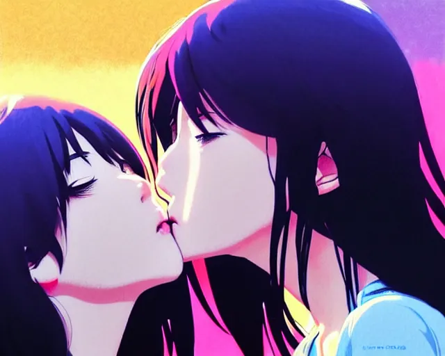 Image similar to two girls kissing | very very anime!!!, fine - face, audrey plaza, realistic shaded perfect face, fine details. anime. realistic shaded lighting poster by ilya kuvshinov katsuhiro otomo ghost - in - the - shell, magali villeneuve, artgerm, jeremy lipkin and michael garmash and rob rey