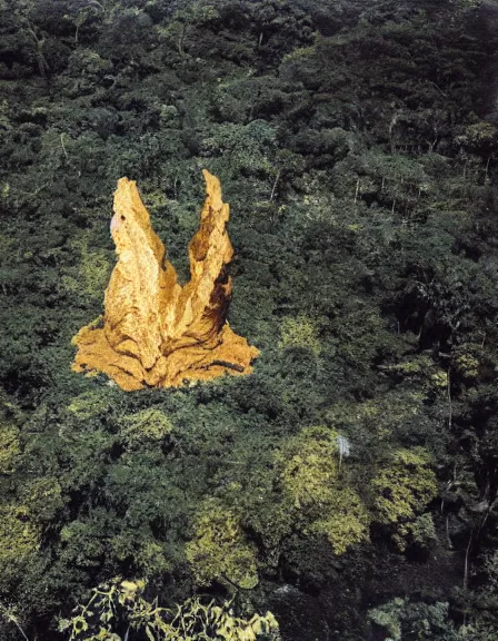 Prompt: vintage color photo of aerial view of a giant 1 1 0 million years old abstract sculpture made of light beams and liquid gold covered by the jungle vines