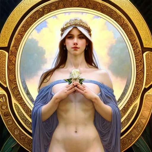 Image similar to perfectly detailed goddess princess of white roses!! blessed by nature with ever - increasing physical mental perfection, symmetrical! intricate, highly detailed, biblical divine holy perfection!! digital painting, artstation, concept art, smooth, sharp focus, illustration, art by artgerm and greg rutkowski and alphonse mucha
