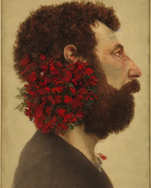 Image similar to a man's face in profile, short beard, curly red hair, made of flowers, in the style of the Dutch masters, dark and moody