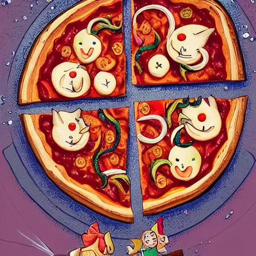 Image similar to a pizza with little fairy heads on it, fantasy art, illustration, amazing detail, the the style of greg ruthkowski