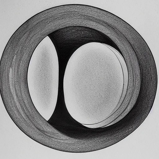 Image similar to black and white sketch of circle shaped sculpture, curves, wood, lights, portal, sketch