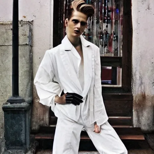 Prompt: kitsch fashion, trashy photo, androgynous people in white clothes, new age, vogue