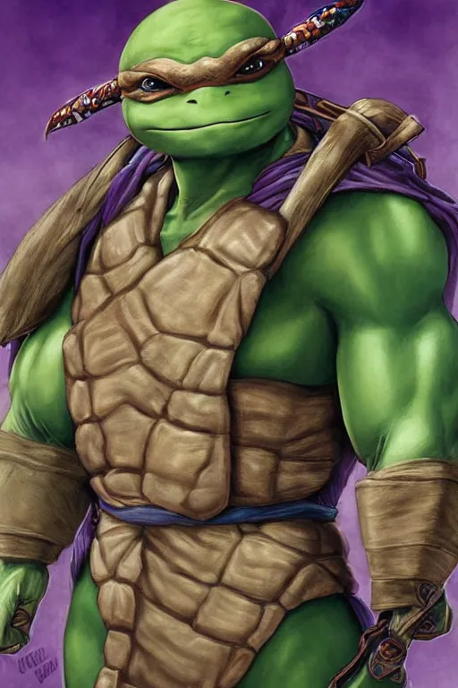 Prompt: a stunning portrait of ninja turtle Donatello by Evelyn De Morgan and Ross Tran, rossdraws, fresco