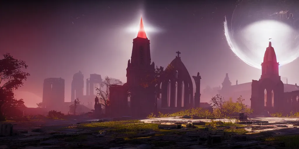 Image similar to symmetrical, centered composition, ancient church with red shafts of light in destiny 2, foggy, liminal, dark, dystopian, beautiful architecture, abandoned, highly detailed 4 k destiny 2 expansion key art wallpaper
