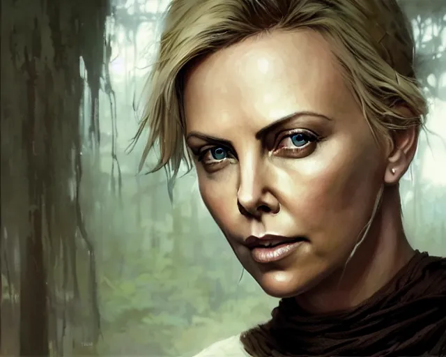 Image similar to highly detailed portrait of charlize theron, in the walking dead, stephen bliss, unreal engine, fantasy art by greg rutkowski, loish, rhads, ferdinand knab, makoto shinkai and lois van baarle, ilya kuvshinov, rossdraws, tom bagshaw, global illumination, radiant light, detailed and intricate environment