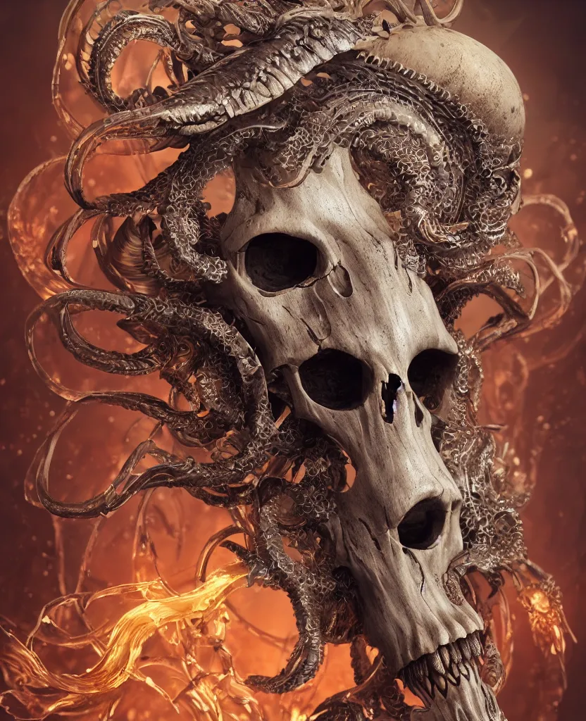 Prompt: close-up macro portrait of the face of a beautiful princess with ram animal skull mask, epic angle and pose, ribcage skeleton symmetrical artwork, 3d with depth of field, blurred background, cybernetic jellyfish female face phoenix bird, translucent, nautilus, energy flows of water and fire. a highly detailed epic cinematic concept art CG render. made in Maya, Blender and Photoshop, octane render, excellent composition, cinematic dystopian brutalist atmosphere, dynamic dramatic cinematic lighting, aesthetic, very inspirational, arthouse. y Greg Rutkowski, Ilya Kuvshinov, WLOP, Stanley Artgerm Lau, Ruan Jia and Fenghua Zhong