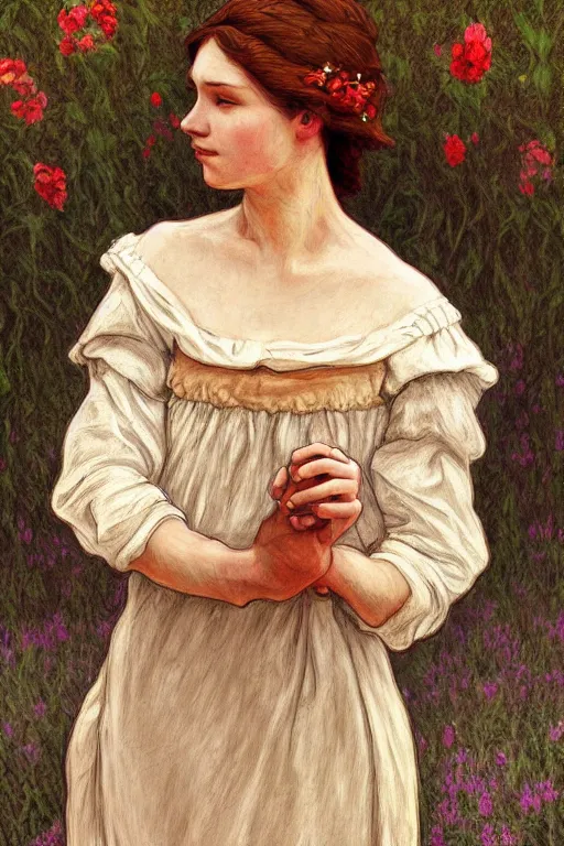 Image similar to beautiful natural coy cottagecore peasant maiden plain girl, life drawing, intricate, elegant, highly detailed, digital painting, artstation, concept art, smooth, sharp focus, master illustration, art monet and mucha