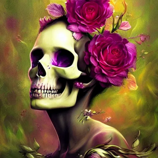 Image similar to colorful skull in flowers, by lise deharme, digital art, detailed masterpiece