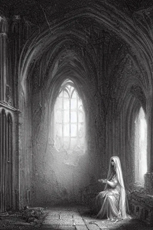 Prompt: baroque gothic woman, lit by a single candle, inside a ruined abbey, a crow watching, gustave dore, 4 k resolution, concept art, mist, autumnal, chiaroscuro,