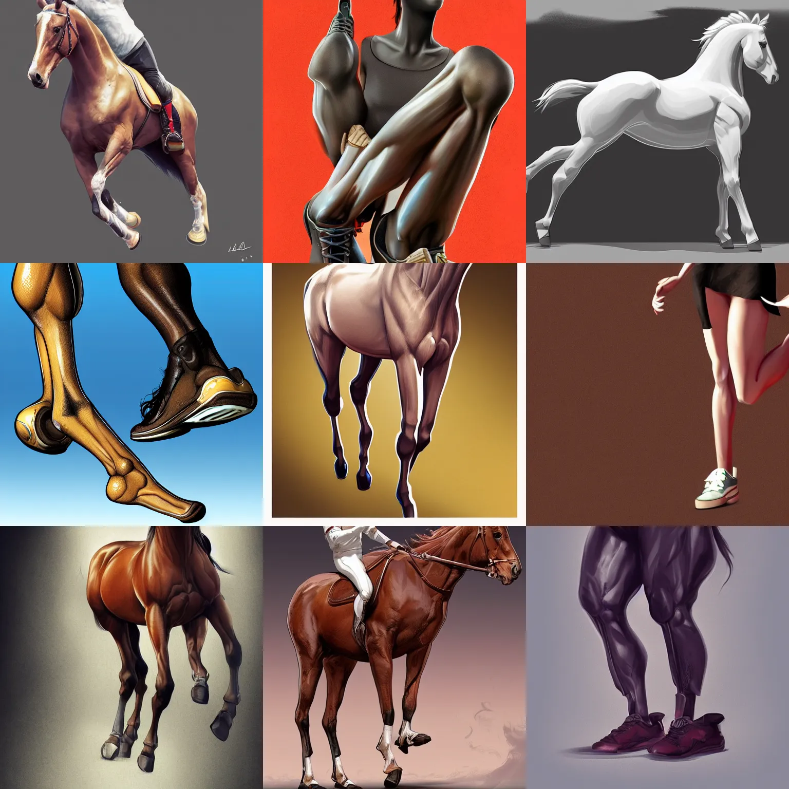 Prompt: a horse wearing smooth human legs and sneakers, human leg photography, concept art, digital art, artstation