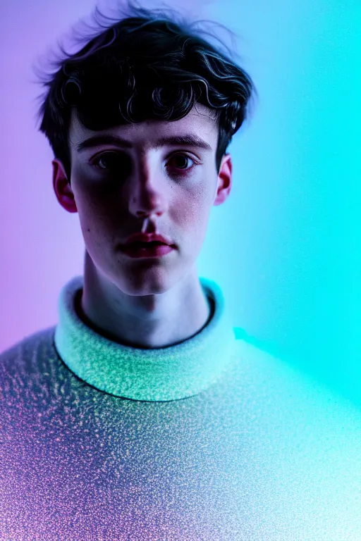 Image similar to high quality pastel coloured film mid angle selfie photograph of a beautiful young 2 0 year old male, soft features, black hair, standing in an icelandic black rock environment with reflective metallic clothing. atmospheric. three point light. photographic. art directed. ( pastel colours ). volumetric light. sheen. waves glitch. 8 k. filmic.