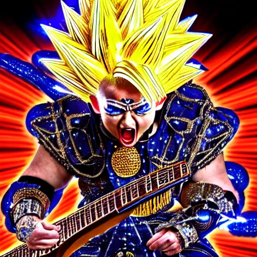 Prompt: uhd photorealistic detailed image of max voltage, the rock and roll emperor, dressed as super saiyan emperor, powering up, wearing extremely intricate rock and roll emperor costume and emperor makeup, with an emperor's electric guitar, by ayami kojima, amano, and karol bak