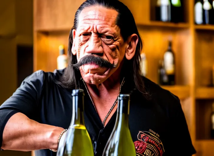 Image similar to photo of danny trejo working as a sommelier, 8 k, 5 2 mm f 1. 8