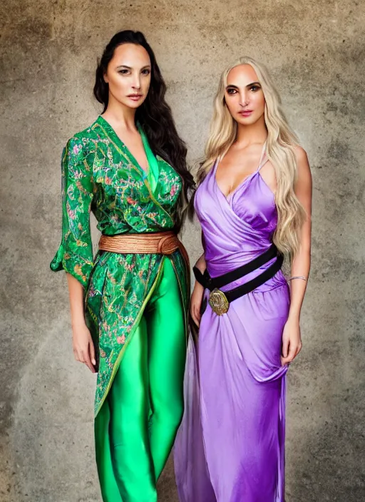 Prompt: portrait of lindsey pelas and gal gadot wearing green kebaya and purple silk belt in bali, by charlotte grimm, natural light, detailed face, beautiful features, symmetrical, canon eos c 3 0 0, ƒ 1. 8, 3 5 mm, 8 k, medium - format print, half body shot