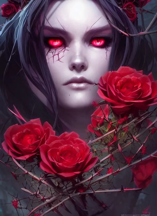 Prompt: beautiful necromancer surrounded by thorns and roses, attarctive face, anime key visual, highly detailed, sharp focus, concept art, league of legends, style by shumolly and monable and artgerm and greg rutkowski and zeronis and pilyeon and ruan jia