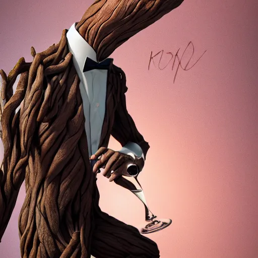 Image similar to realistic groot as a gentleman wearing tuxedo drinking wine on a studio shot, digital art, trending on artstation, behance, octane, intricate, ornate, photorealistic, hyper realism, high detail, movie shot, studio lighting, 8 k, vivid colors, smooth gradients, cinematic