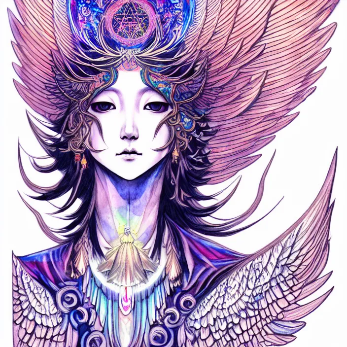 Image similar to stylized art of an psychedelic angelic celestial being by jung gi kim, trending on pixiv, anime style, winged head, white gold skin, ayahuasca, sacred geometry, esoteric art, watercolor