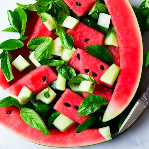 Prompt: watermelon salad award winning food photography juicy delicious