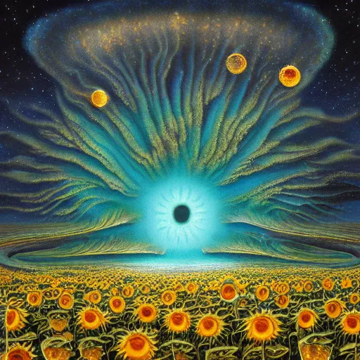 Image similar to detailed, intricate teal and iridescent, bioluminescent sunflowers in the field, nebula, galaxy in the sky, winning award masterpiece, fantastically beautiful, illustration, aestheticly inspired, jacek yerka, upscale with anguissola sofonisba work, artstation, 8 k