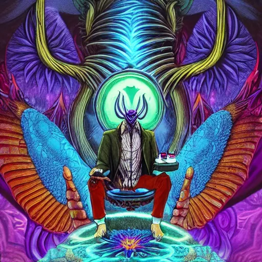 Image similar to A centered chest up portrait of a psychedelic godlike mothman with giant mandala wings smoking a hand-rolled cigarette smoking heavily , magic mushroom village in background , award winning. superb resolution. in the art style of junji Ito and greg rutkowski . Detailed Mushroom city in background. Hyper realistic anime. Perfect art. Dalle2