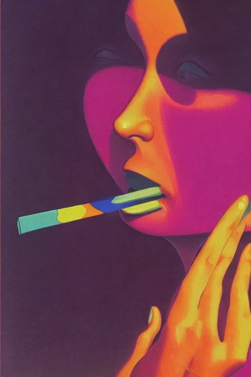 Prompt: a colorful vibrant closeup portrait of an art deco woman licking a tab of lsd acid on his tongue and dreaming psychedelic hallucinations, by kawase hasui, moebius, edward hopper and james gilleard, zdzislaw beksinski, steven outram colorful flat surreal design, hd, 8 k, artstation