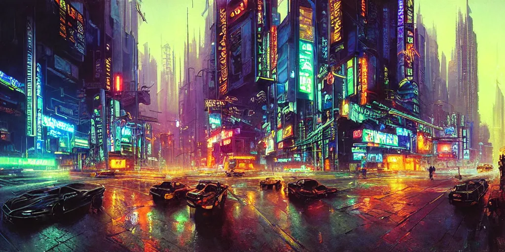 Prompt: cyberpunk night street, neon billboards, hyper-realism, futurism, future!!, 8k, sharp ages, hd, clear lines!!, hard shadows, ultra detailed, style of John Berkey, Norman Rockwell, Hans Thoma, Ivan Shishkin, Tyler Edlin, Thomas Kinkad