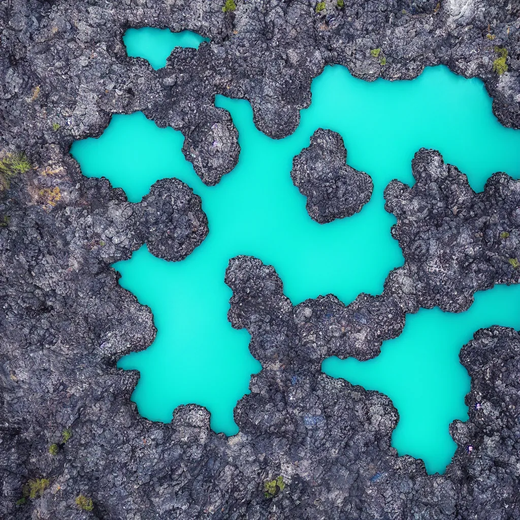 Prompt: birds eye view hexagonal basalt, bright blue pools of water with swirling seafoam, patches of green fields, black volcanic rock, icy glaciers,