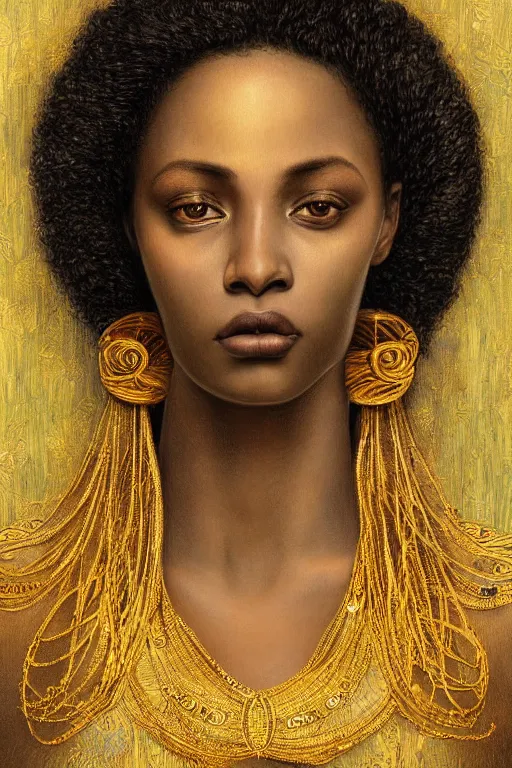 Image similar to Portrait of a Beautiful African female, sad green eyes, beautiful skin, elegant, jewellery, digital painting, Pre-Raphaelites, highly detailed, concept art, smooth, sharp focus, gold and indigo, illustration, art by Klimt .