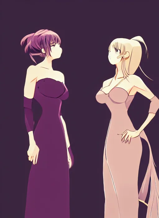 Image similar to two beautiful mothers standing face to face taunting each other, gorgeous dresses, gorgeous faces, smooth thick lines, cinematic lighting, detailed anime art