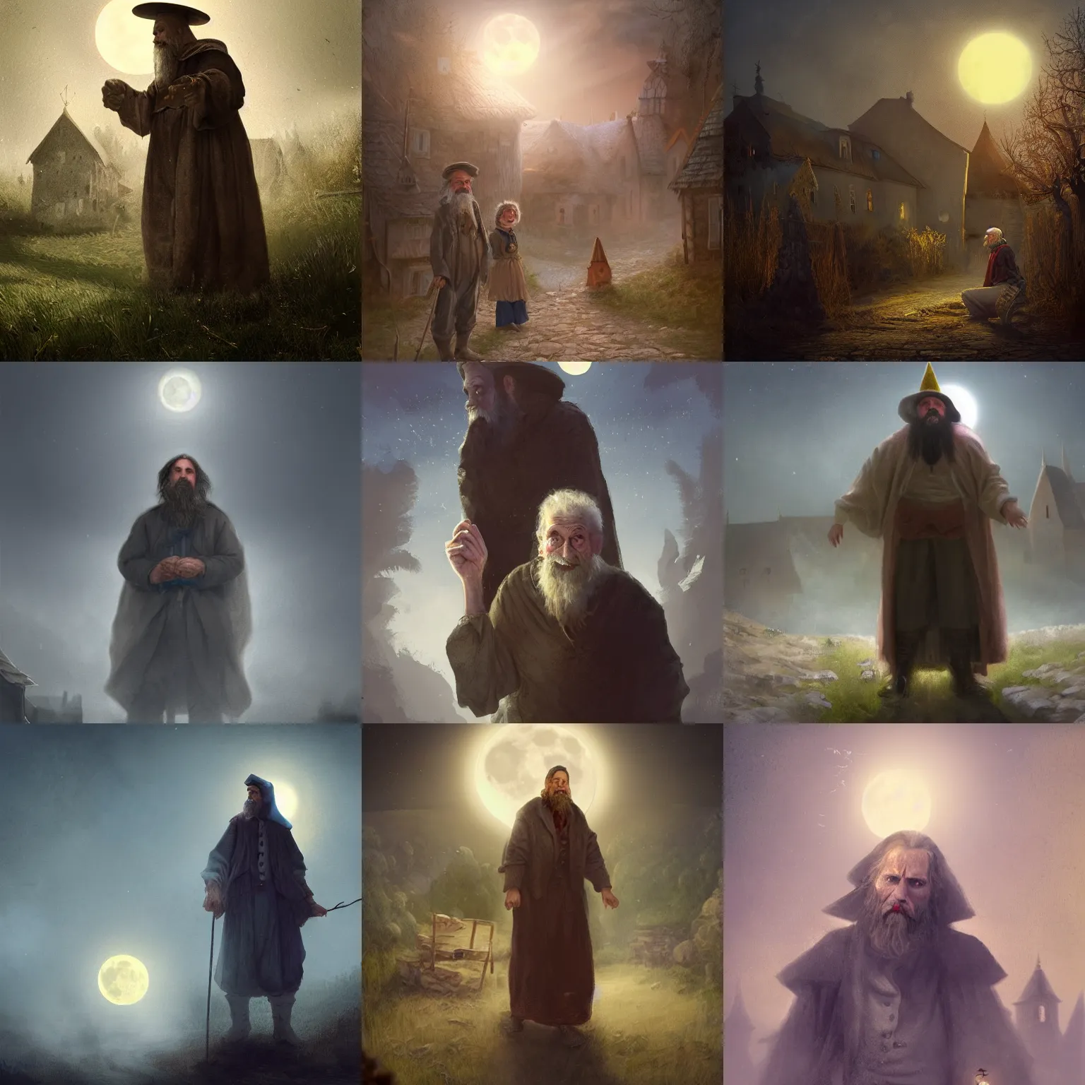 Image similar to portait of a 1 9 th century hungarian wizard in a hungarian village. atmoshperical, full moon,, magical, natural lighting, dust, soft focus, fantasy concept art by munkacsi, csok istvan, barabas miklos and hollosy simon, trendgin in artstation