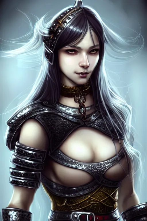 Image similar to Portrait of seductive female fighter, D&D, revealing stylish dress like chainmail and metal plate armor, choker on neck, very long flowing hair, mouth slightly open, cute slightly nerdy smile, fantasy, intricate, elegant, stylish, highly detailed, digital painting, artstation, concept art, smooth, sharp focus, illustration, art by artgerm and greg rutkowski and alphonse mucha