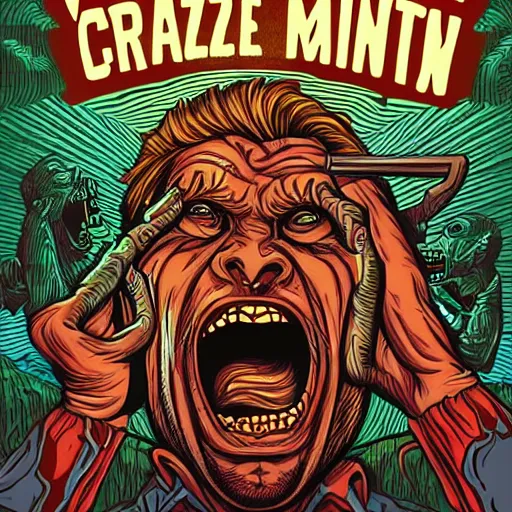 Prompt: crazy man going crazy screaming, illustrated by Dan Mumford