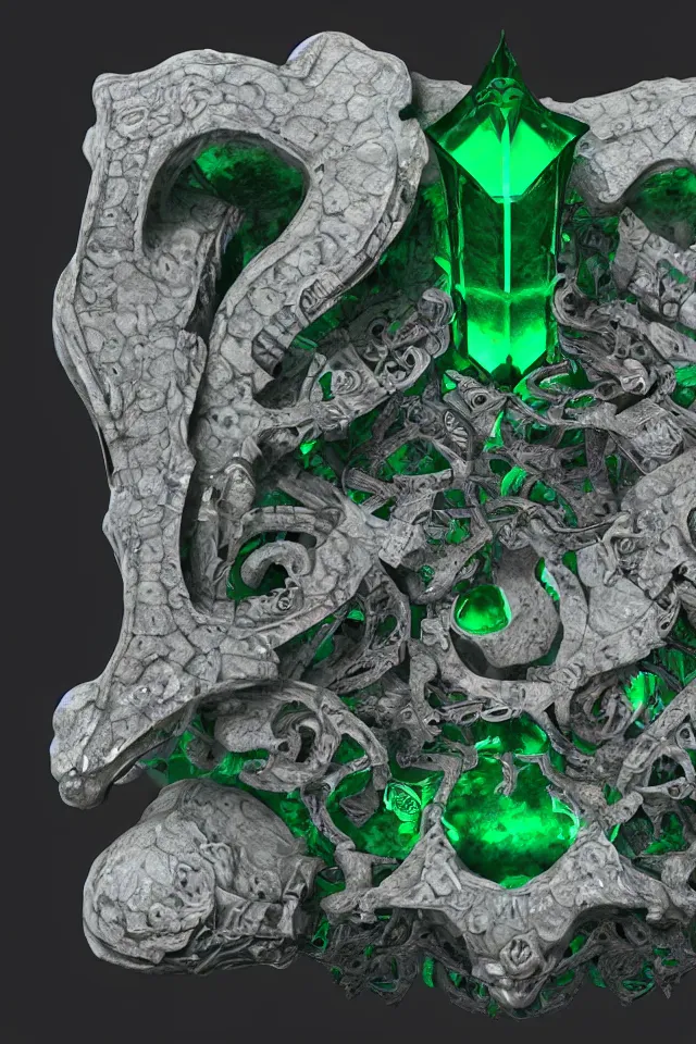 Prompt: an ancient white bone and emerald gemstone relic, intricate engraving, concept art style, 3D, Unreal Engine