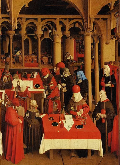 Prompt: date at the crowded medieval inn. Medieval painting, by Jan van Eyck