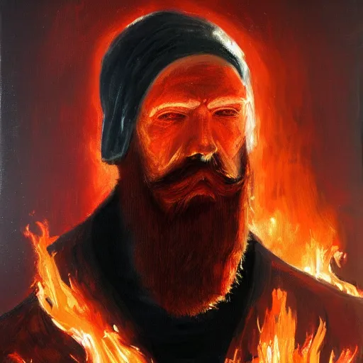 Prompt: grumpy red haired man with red beard, wearing black coat, fire behind him, oil painting, fantasy artwork, fantastic artwork, 4 k, trending on artstation