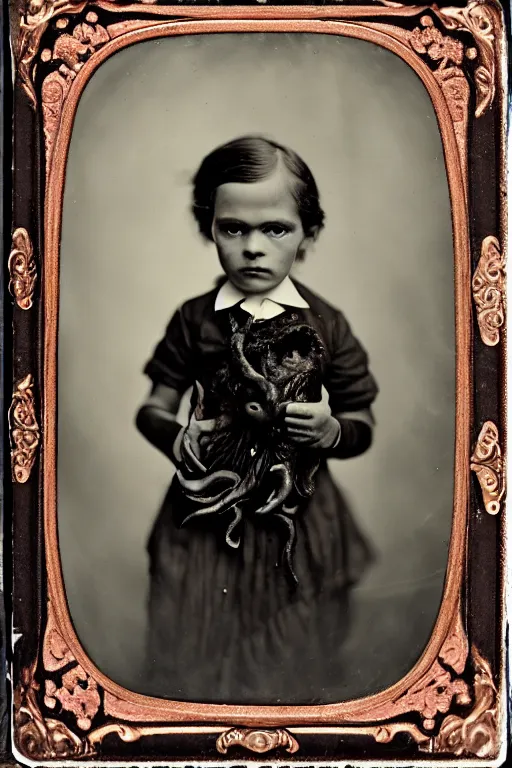 Prompt: wet plate photograph portrait of victorian child with an octopus head, dressed in a victorian - era clothing, dramatic lighting, highly detailed, smooth, sharp focus