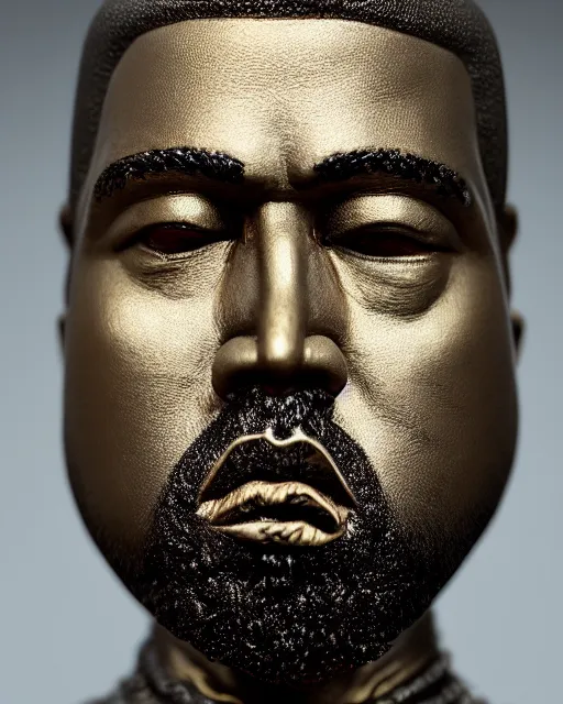 Image similar to highly detailed closeup, face profile portrait of a kanye west as a solid gold statue, depth of field, nicoletta ceccoli, mark ryden, lostfish, max fleischer, breathtaking, detailed and intricate environment, 8 k resolution, hyperrealistic, octane render