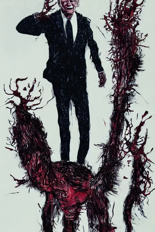 Image similar to Joe Biden full body shot, Body horror, biopunk, by Ralph Steadman, Francis Bacon, Hunter S Thompson